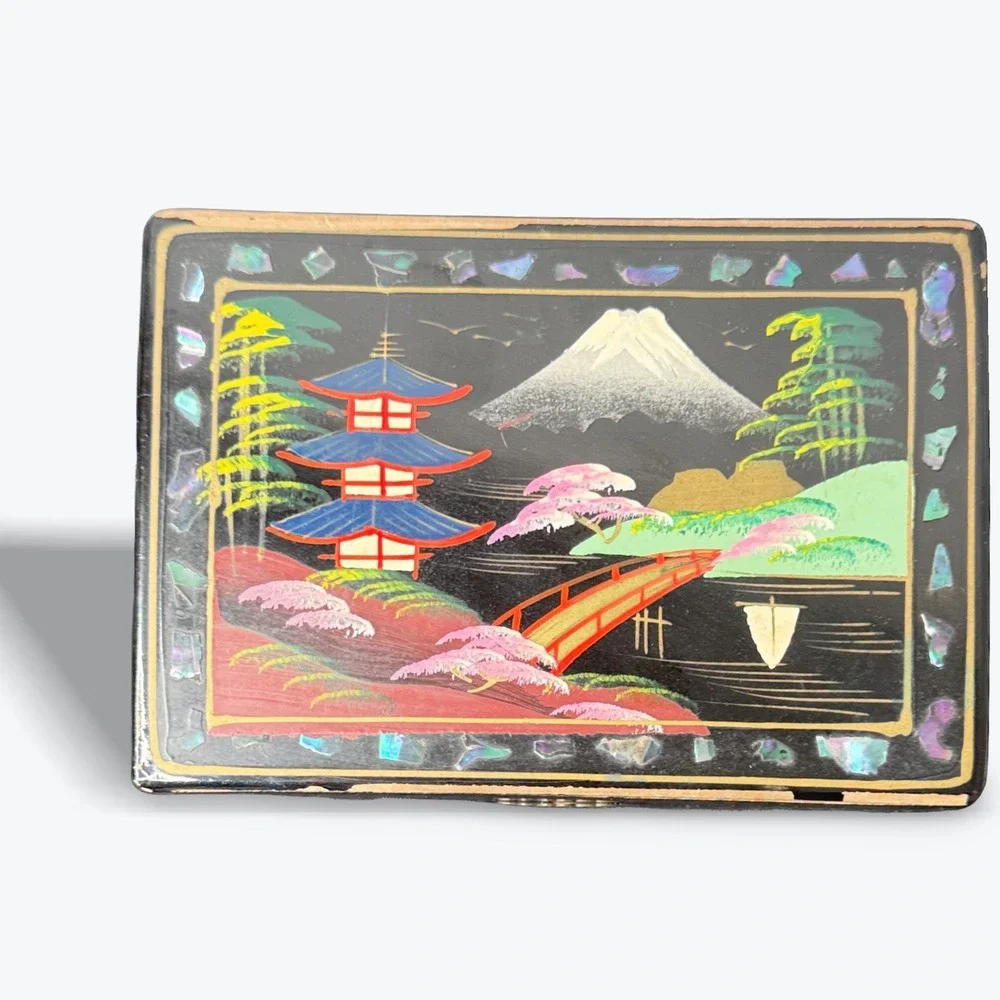 Vintage Japanese Lacquer Music Box Abalone Shell Inlay Blue Velvet Lined Mt Fugi